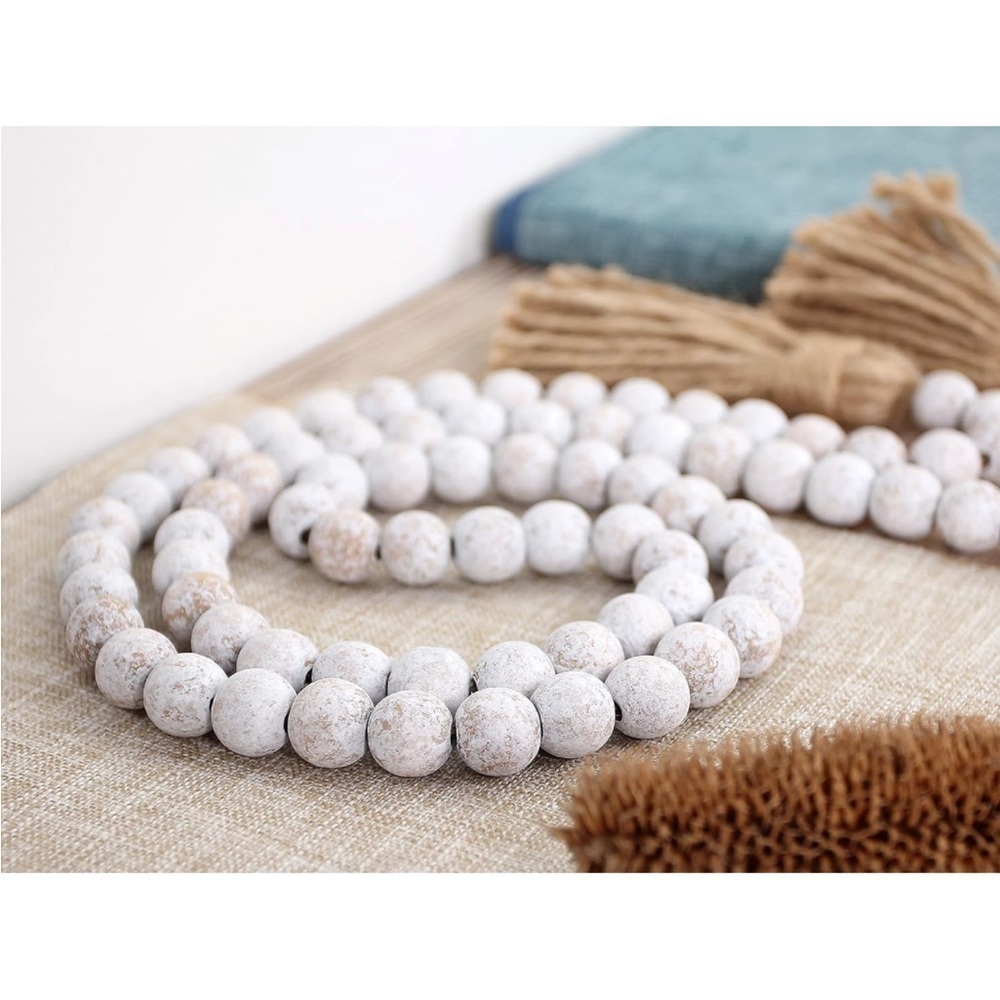 Rustic Boho Farmhouse Distressed White Beads/Wood Tie Tassel Garland Home Decor